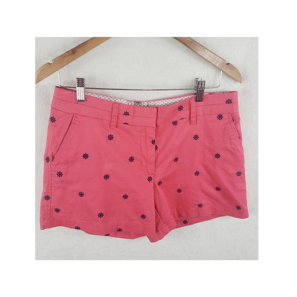 British Khaki Chino Shorts Women 8 Pink w/ Blue Ship Wheel Allover Embroidery